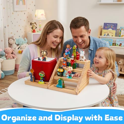 Natural 4-Tier Wooden Magnetic Tonies Shelf Organizer for Toniebox & Figures - Kid-Safe
