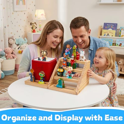 Natural 4-Tier Wooden Magnetic Tonies Shelf Organizer for Toniebox & Figures - Kid-Safe