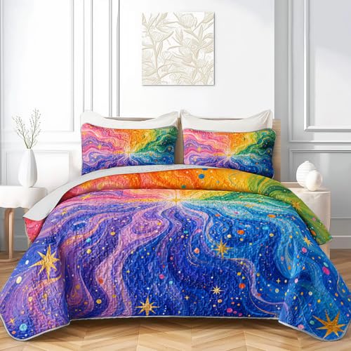 Rainbow Marble Galaxy Twin Bedspread Coverlet Set Pink Purple Cosmic Swirl - Twin Variation