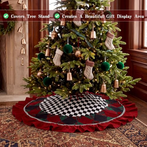 48 Inch Black and White Checkered Christmas Tree Skirt with Burgundy Ruffle - Variation of THIS listing