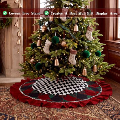 48 Inch Black and White Checkered Christmas Tree Skirt with Burgundy Ruffle - Variation of THIS listing