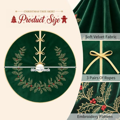Christmas Tree Skirt 36 Inch Green Velvet with Embroidered Holly Leaves - Leaf Green