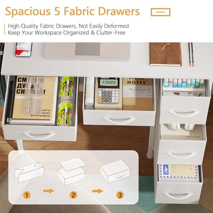33-Inch Small Computer Desk with 5 Fabric Drawers - White, Compact Workspace