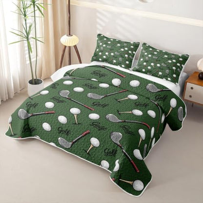 Deep Green Twin Golf Quilt Set for Kids Boys & Girls - Lightweight Bedding with Pillowcase
