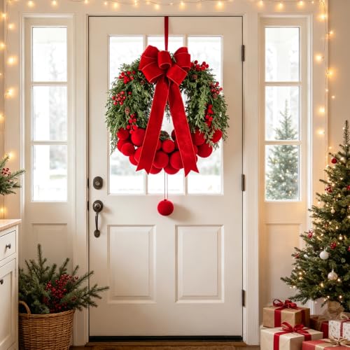 24-Inch Artificial Christmas Wreath with Velvet Balls and Bow - Front Door Decor
