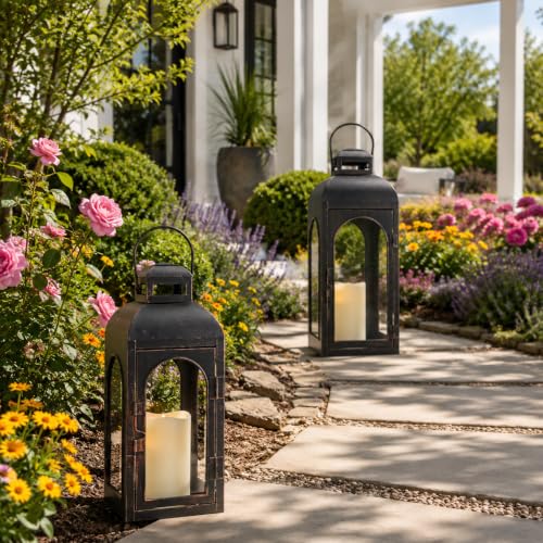 NEEDOMO Decorative Indoor & Outdoor Lanterns Set of 2 - 20"/13"H Metal Frame Candle Holders with Glass for Porch, Spring, Fall, Christmas