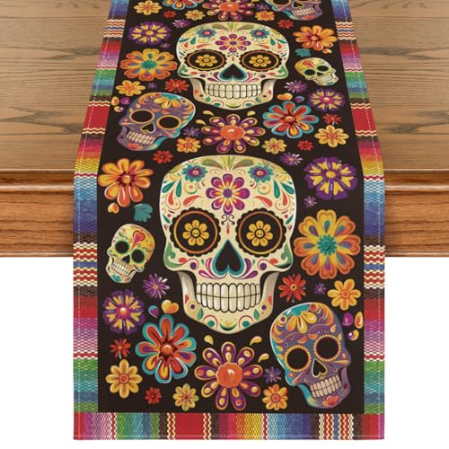 Flowers Sugar Skull Mexican Day of The Dead Table Runner - Red & Blue 13x90 Inch