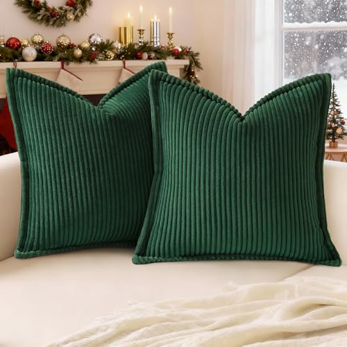 Christmas Green Corduroy Throw Pillow Covers 26x26 Set of 2 - Soft & Luxurious