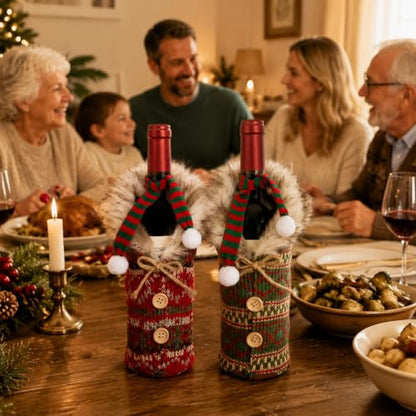 Christmas Santa Wine Bottle Cover Set - Style C, Plush Hat & Scarf, Holiday Table Decor