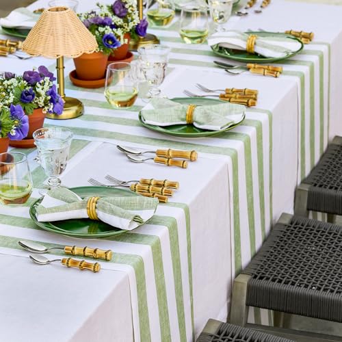 Pure Linen Table Runner 14x90 Inches Green & White Stripe - Handmade