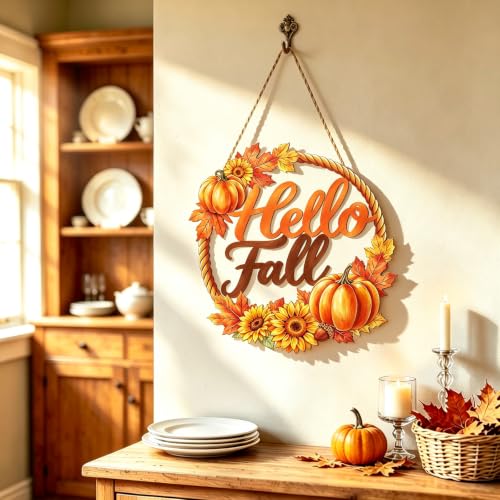 Fall Door Wreath Decor with Pumpkins Sunflowers & Hello Fall Sign