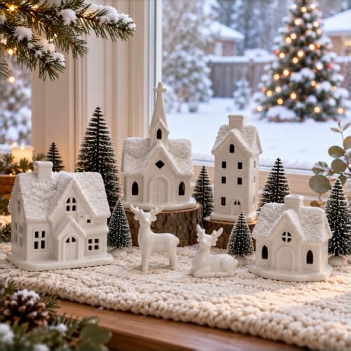 Indoor Christmas Village Set - 13 Piece White Holiday Scene with Houses and Decor