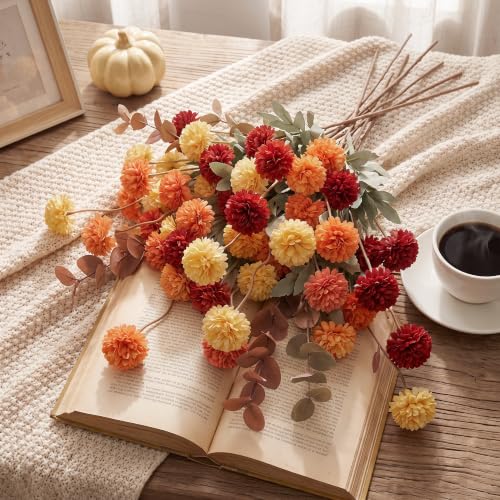Artificial Fall Flowers with Eucalyptus - 14 Piece Silk Faux Flowers for Vase Decor