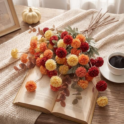 Artificial Fall Flowers with Eucalyptus - 14 Piece Silk Faux Flowers for Vase Decor