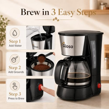 4 Cup Mini Drip Coffee Maker with Reusable Filter & Keep Warm Function - Anti-Drip