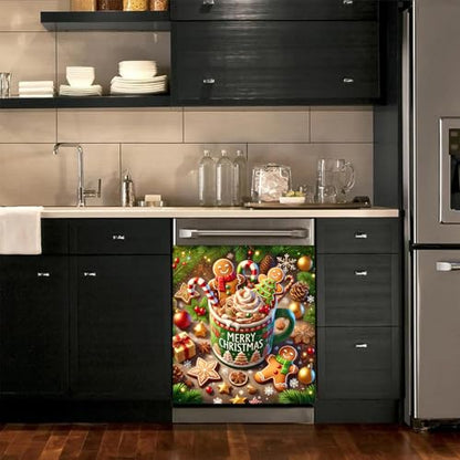 Christmas Dishwasher Magnet Cover 23x26 Inches Reusable Magnetic Refrigerator Sticker - Gingerbread Man Cocoa