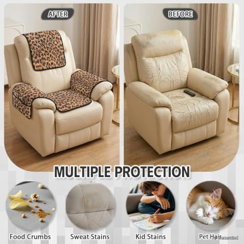 Brown Leopard Print Recliner Cover Set - Quilted 4-Piece Slipcover with Pockets