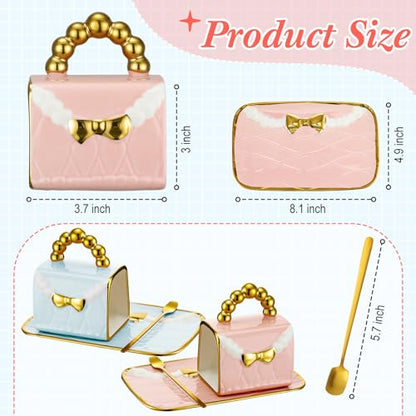 Pink and Blue Handbag-Shaped Ceramic Coffee Mug Set with Saucers and Spoons - 2 Pieces