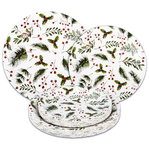 Christmas Paper Plates Holly Berries Disposable Party Plates Set of 48