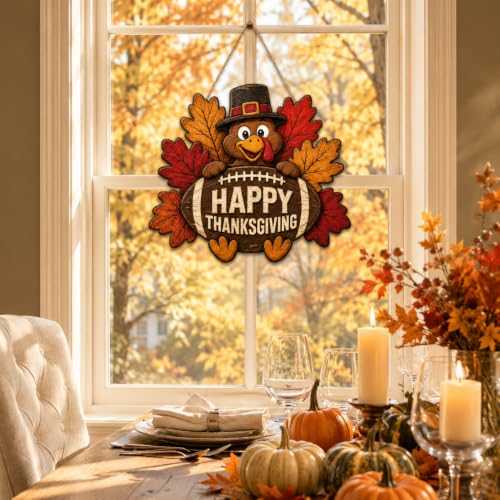 Thanksgiving Door Sign - Wooden Fall Decor with Turkey and Football Motif
