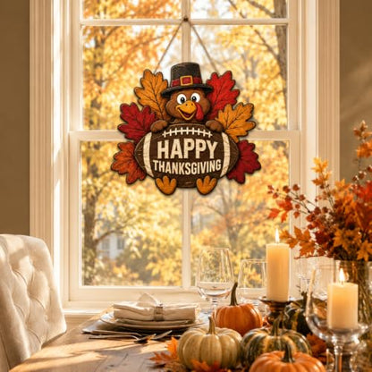 Thanksgiving Door Sign - Wooden Fall Decor with Turkey and Football Motif
