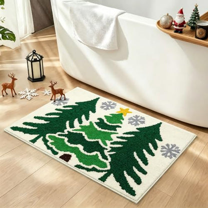 Christmas Bathroom Rug - Green Tree Christmas Decor, Non-Slip Xmas Mat