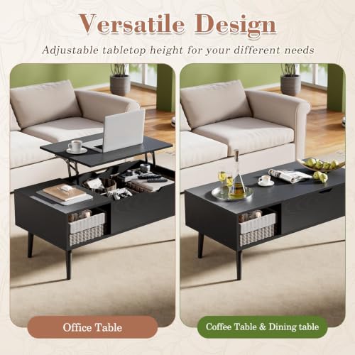 Wood Lift Top Coffee Table with Hidden Storage Shelf - Black, 39.5 In