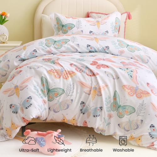 Kids Duvet Cover Set Twin White Butterfly Playful & Soft Bedding