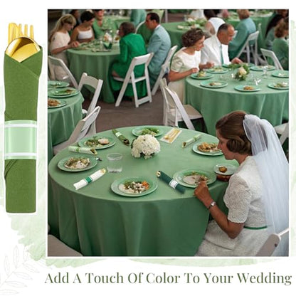 Pre-Rolled Gold Cutlery Set with Green Napkins for 50 Guests - Disposable Party Tableware