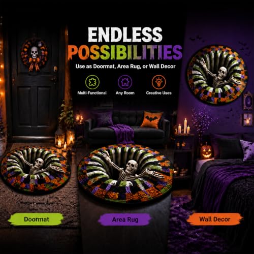 Halloween 3D Optical Illusion Rug - 24x24 Inch Spooky Ghosts Skeletons Pumpkins