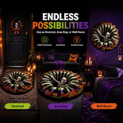 Halloween 3D Optical Illusion Rug - 24x24 Inch Spooky Ghosts Skeletons Pumpkins