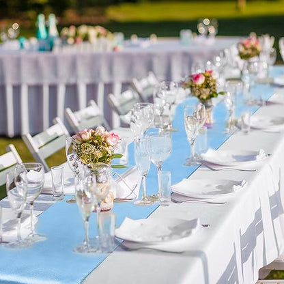 White and Blue Plastic Tablecloths with Satin Table Runner Set - Tudomro 12 Pcs