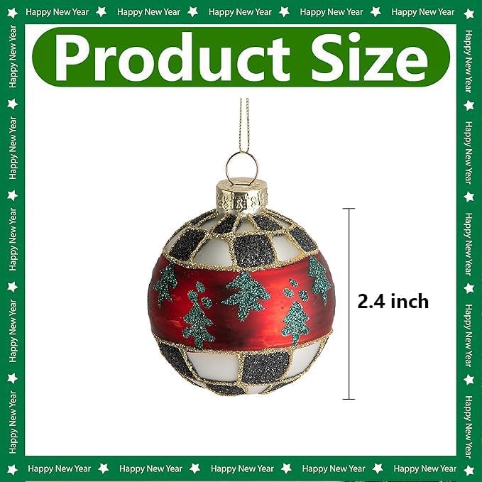 6 Pcs Christmas Buffalo Plaid Glass Hanging Ornaments - Red Green Black White