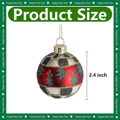 6 Pcs Christmas Buffalo Plaid Glass Hanging Ornaments - Red Green Black White