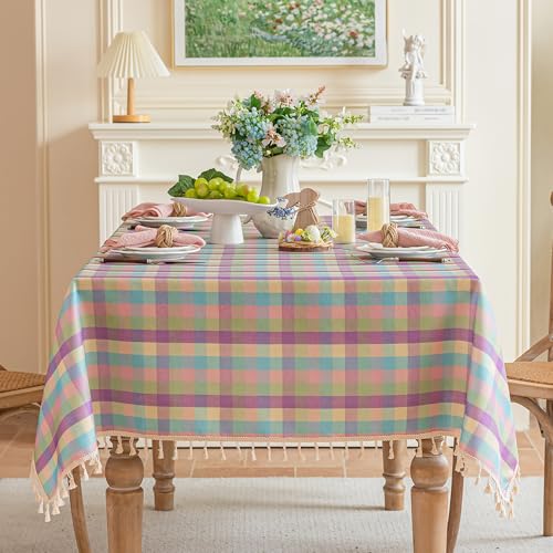Easter Purple Buffalo Plaid Tablecloth with Tassels - 55x90 Inches, Cotton Linen Blend, Washable, Wrinkle-Free, Spring & Summer Dining Decor