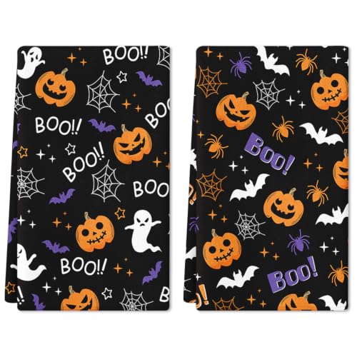 Halloween Kitchen Towels Set of 2 Ghost Pumpkin Hand Towels - Black Halloween