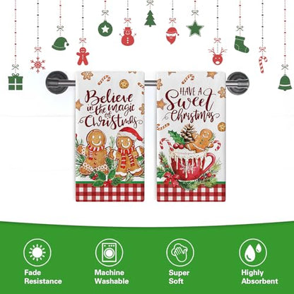 Have A Sweet Christmas Gingerbread Man Kitchen Dish Towels Set of 2 - Farmhouse Holiday Decor