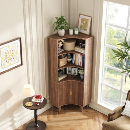 Tall Corner Cabinet with Fluted Doors - Walnut Oak-1 5-Tier Storage