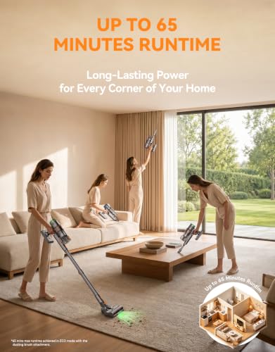 Cordless Vacuum Cleaner, 300AW Suction, 65Min Runtime, Self-Standing with Orange Variation