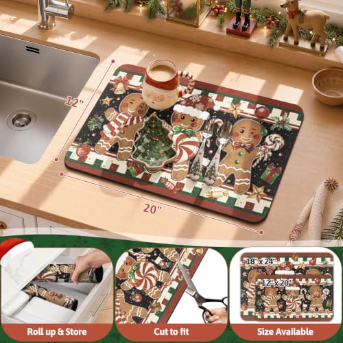 Christmas Dish Drying Mat Gingerbread Candy Cane 12x20 Inch - Holiday Kitchen Decor