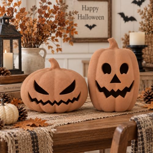 Orange Pumpkin Decor Set - 2 Terracotta Jack O Lanterns for Halloween Indoor & Outdoor