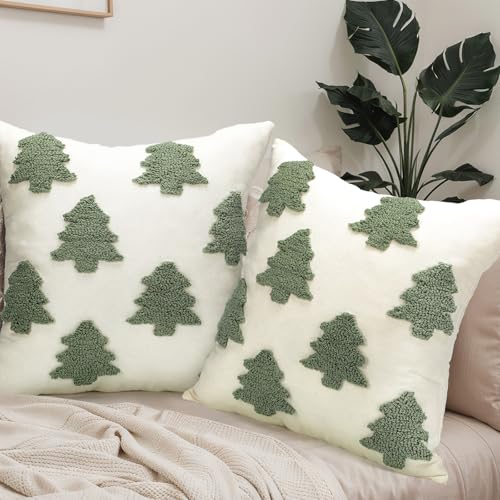 Christmas Pillow Covers 18x18 Inch - Tree White Holiday Decor - Mixweer 2 Pcs