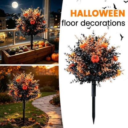 Halloween Solar Flower-Shaped Garden Stakes with Pumpkins & Eucalyptus Leaves