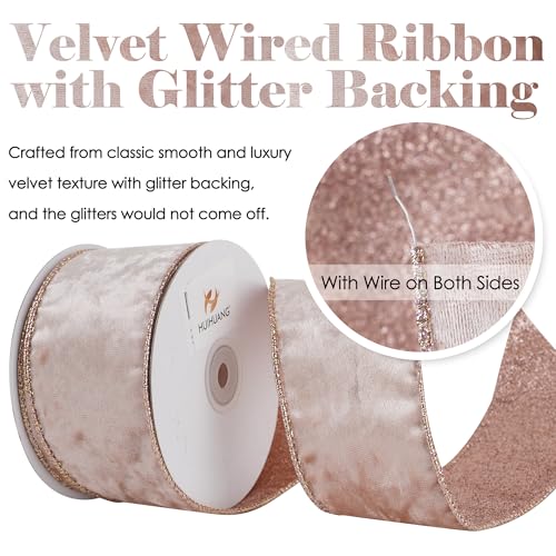 Rose Gold Velvet Wired Ribbon 2.5 Inch x 10 Yards - Christmas Decor, Bows & Wreaths