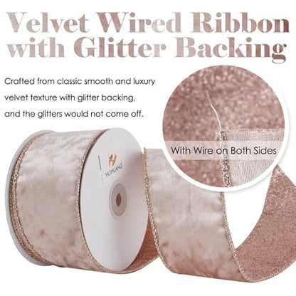 Rose Gold Velvet Wired Ribbon 2.5 Inch x 10 Yards - Christmas Decor, Bows & Wreaths