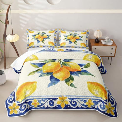 Manfei Kids Quilt Set Full Size - Orange Blue Lemon Citrus Farmhouse Bedding with Pillow Shams - All Season