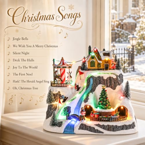 VCUTEKA Christmas Village Houses with Ski Slope, Moving Train & Carousel - Ski Peak Variation