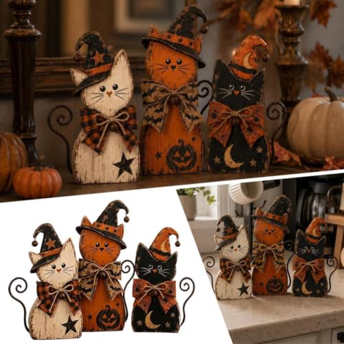 Wooden Cat Halloween Decor Set - Rustic Farmhouse Kittens for Autumn