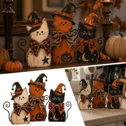 Wooden Cat Halloween Decor Set - Rustic Farmhouse Kittens for Autumn