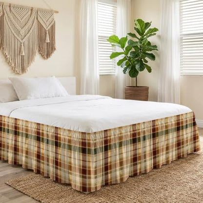 King Size Checkered Bed Skirt with Ruffle Wrap-Around - Brown, Green, Cream Variations